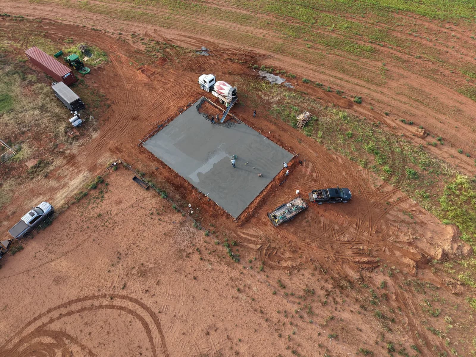 Paducah 50' x 70' Metal Building Foundation — pour day aerial view in Paducah, TX